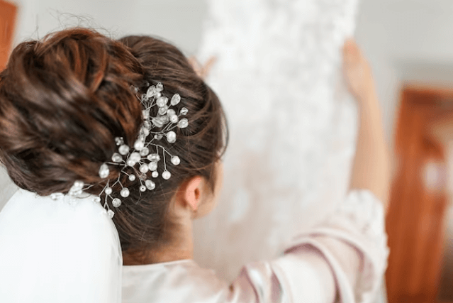 Primo piano sull'acconciatura raccolta con decorazioni floreali di una sposa mentre prende il suo abito